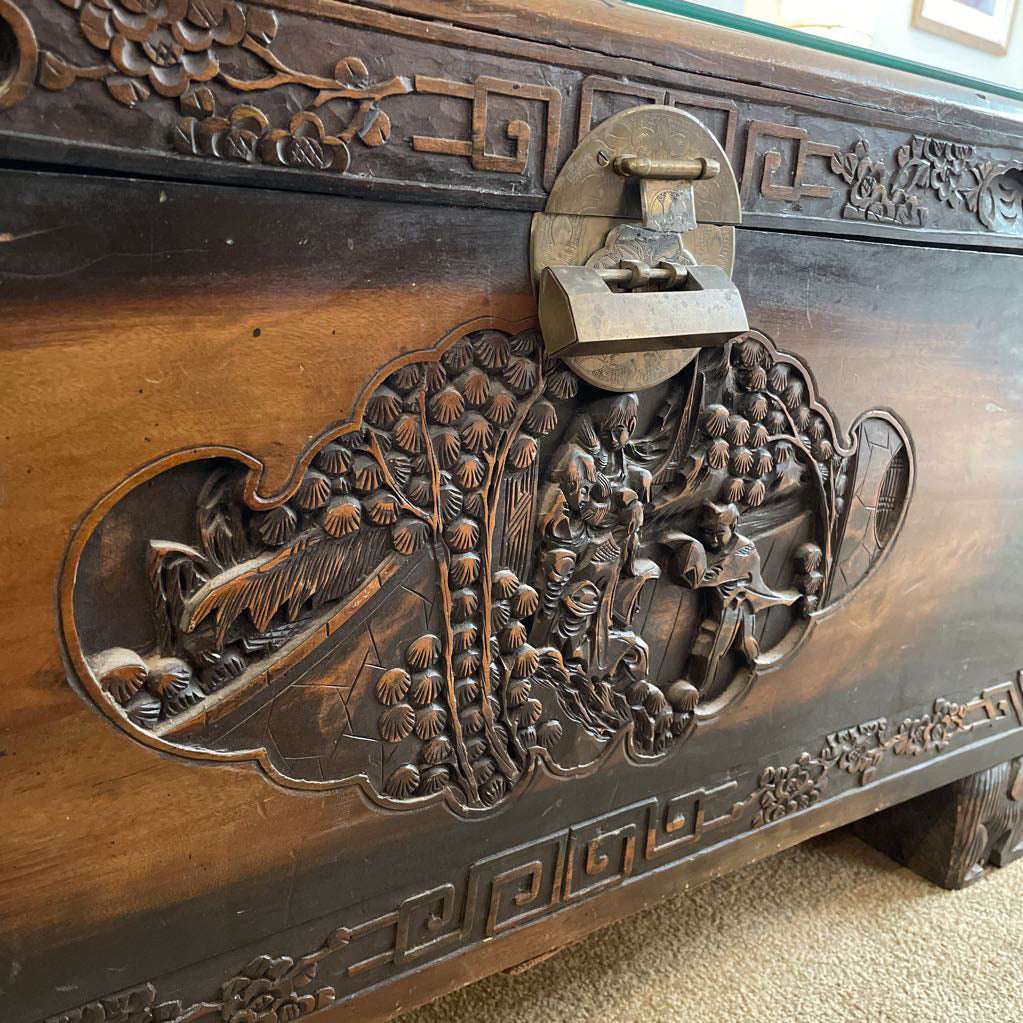 Ornate Carved Campfor Wood Chinese Chest w/Glass Dust Cover
