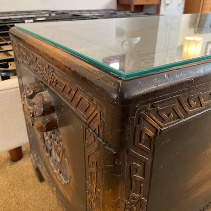 Ornate Carved Campfor Wood Chinese Chest w/Glass Dust Cover