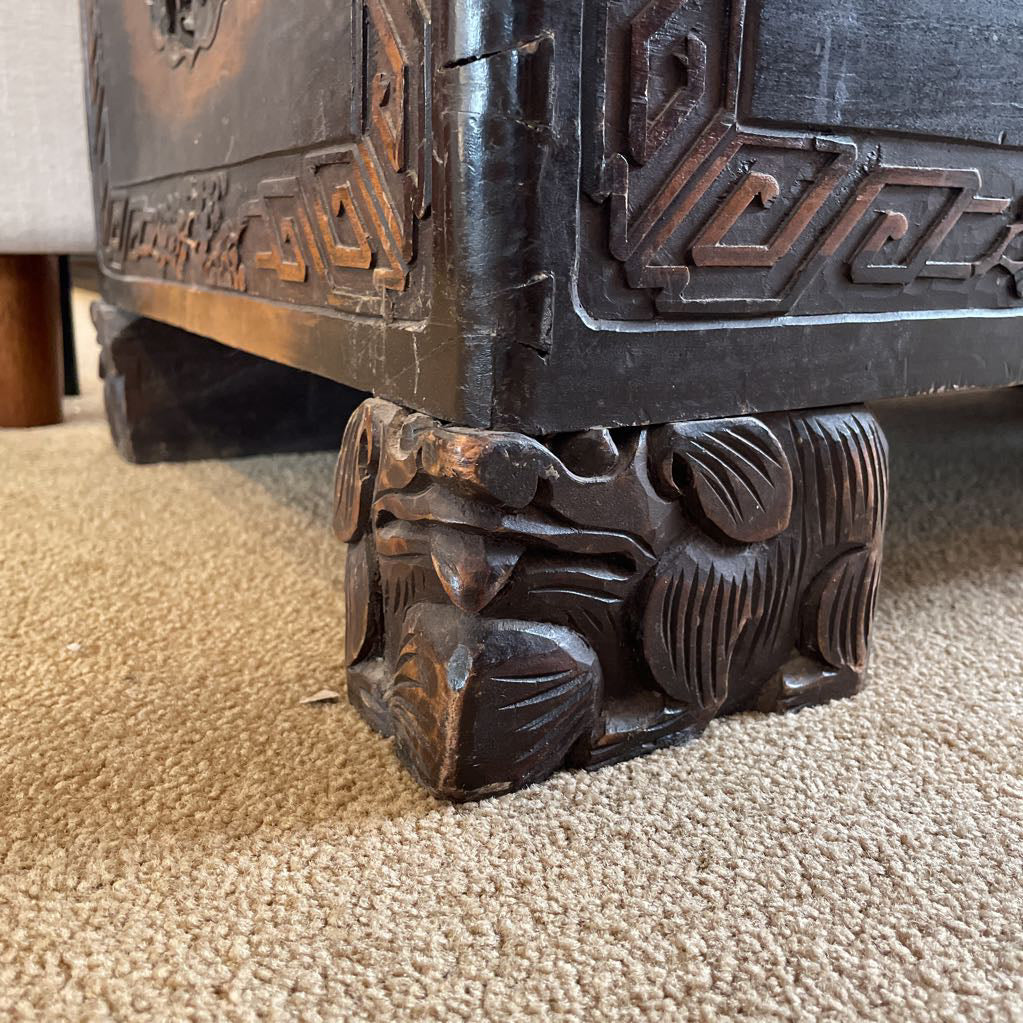 Ornate Carved Campfor Wood Chinese Chest w/Glass Dust Cover
