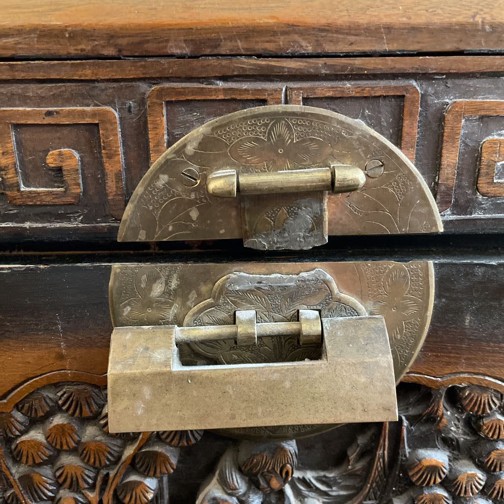 Ornate Carved Campfor Wood Chinese Chest w/Glass Dust Cover
