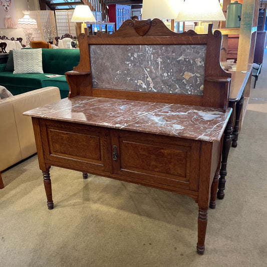 Antique Oak & Marble Sideboard w/Top Crest C SIDEBOARDS