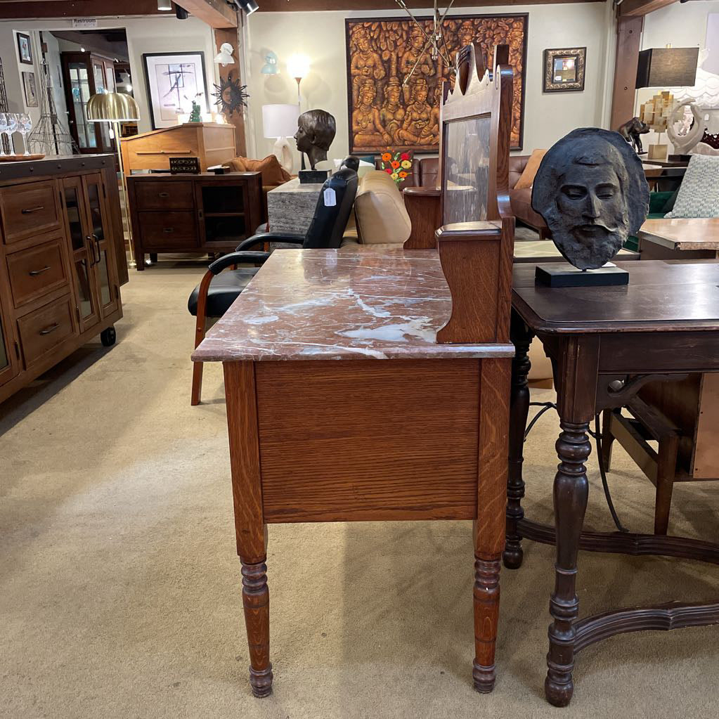 Antique Oak & Marble Sideboard w/Top Crest C SIDEBOARDS