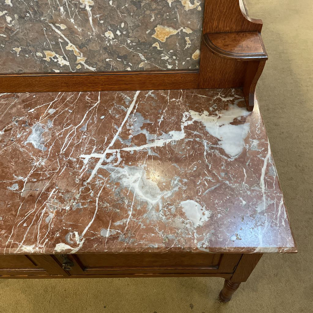 Antique Oak & Marble Sideboard w/Top Crest C SIDEBOARDS