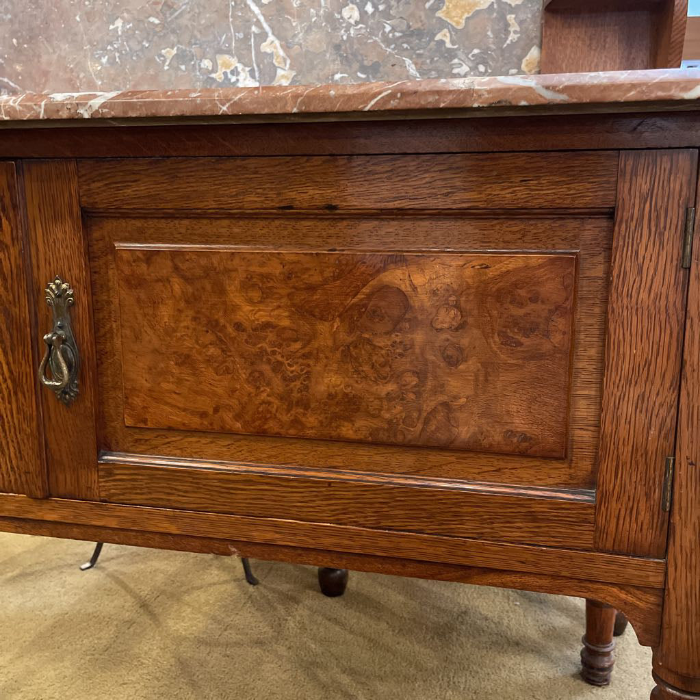 Antique Oak & Marble Sideboard w/Top Crest C SIDEBOARDS