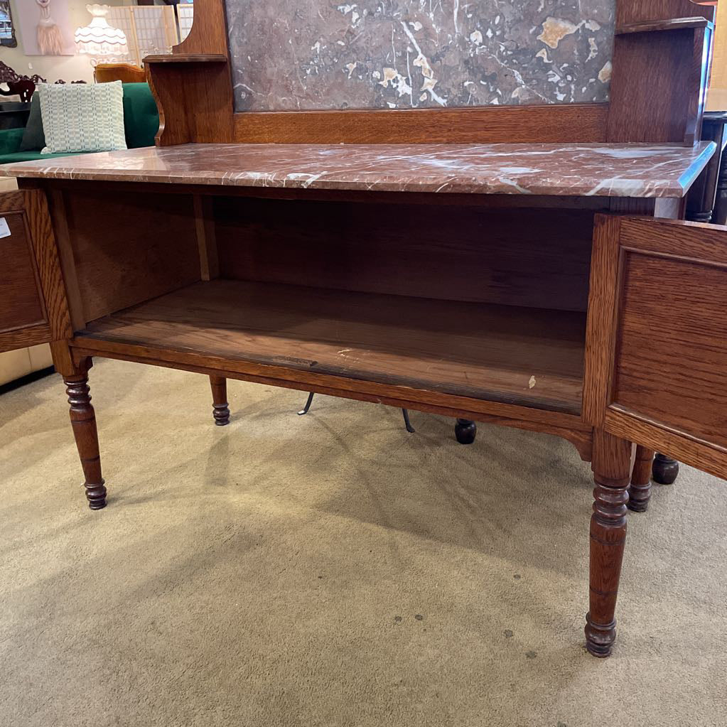 Antique Oak & Marble Sideboard w/Top Crest C SIDEBOARDS