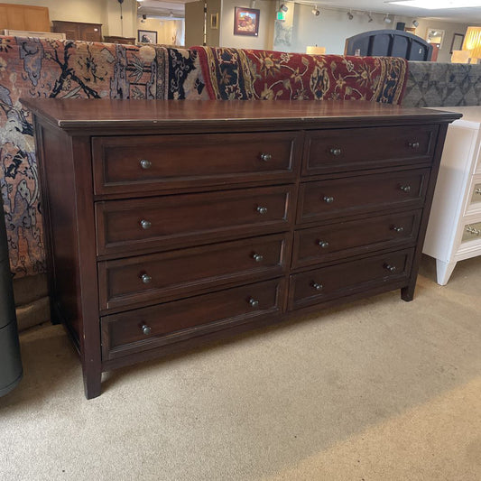 1990's Pottery Barn Dark Wood 8 Drawer Lowboy Dresser