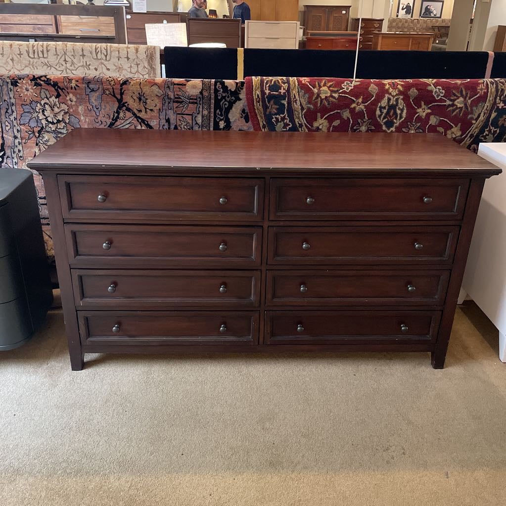 1990's Pottery Barn Dark Wood 8 Drawer Lowboy Dresser