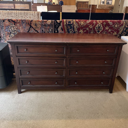 1990's Pottery Barn Dark Wood 8 Drawer Lowboy Dresser