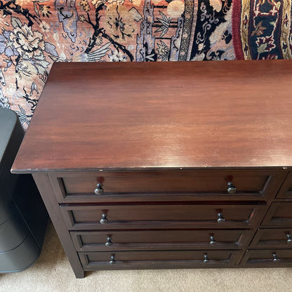 1990's Pottery Barn Dark Wood 8 Drawer Lowboy Dresser