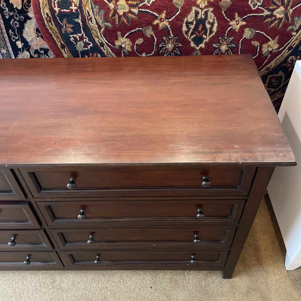 1990's Pottery Barn Dark Wood 8 Drawer Lowboy Dresser