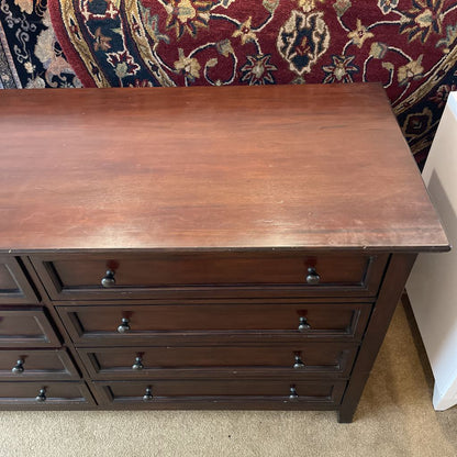 1990's Pottery Barn Dark Wood 8 Drawer Lowboy Dresser