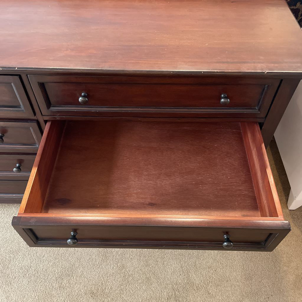 1990's Pottery Barn Dark Wood 8 Drawer Lowboy Dresser