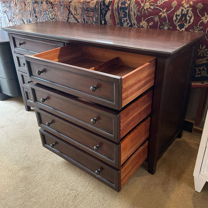 1990's Pottery Barn Dark Wood 8 Drawer Lowboy Dresser