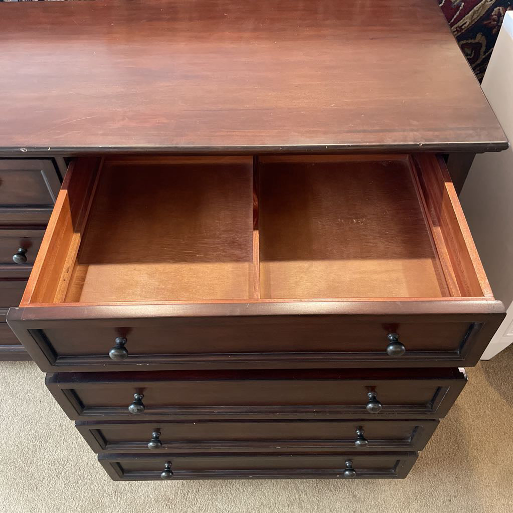1990's Pottery Barn Dark Wood 8 Drawer Lowboy Dresser