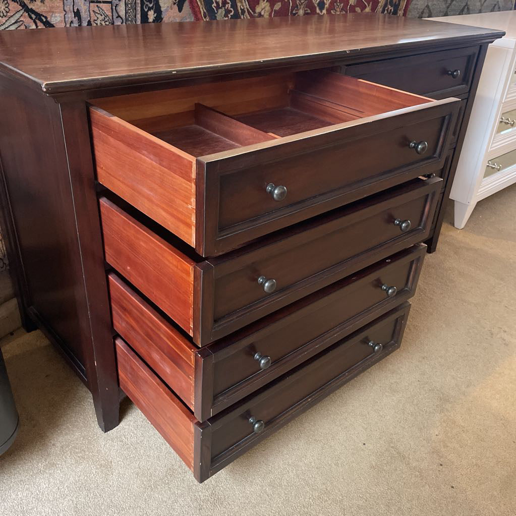 1990's Pottery Barn Dark Wood 8 Drawer Lowboy Dresser