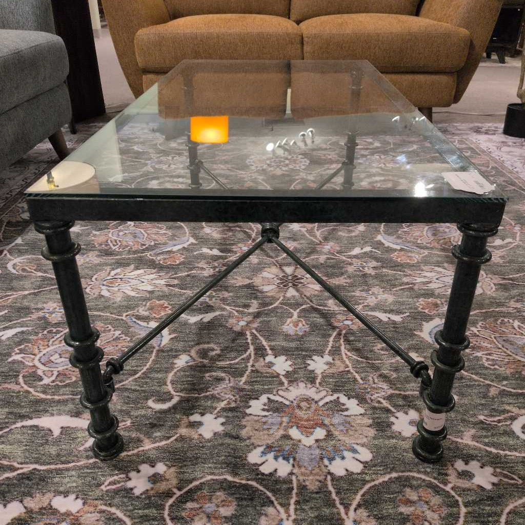 Glass Top Metal Bar Rectangular Side Table w/drawer