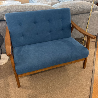 Blue Tufted Wood Frame Loveseat (AS IS)