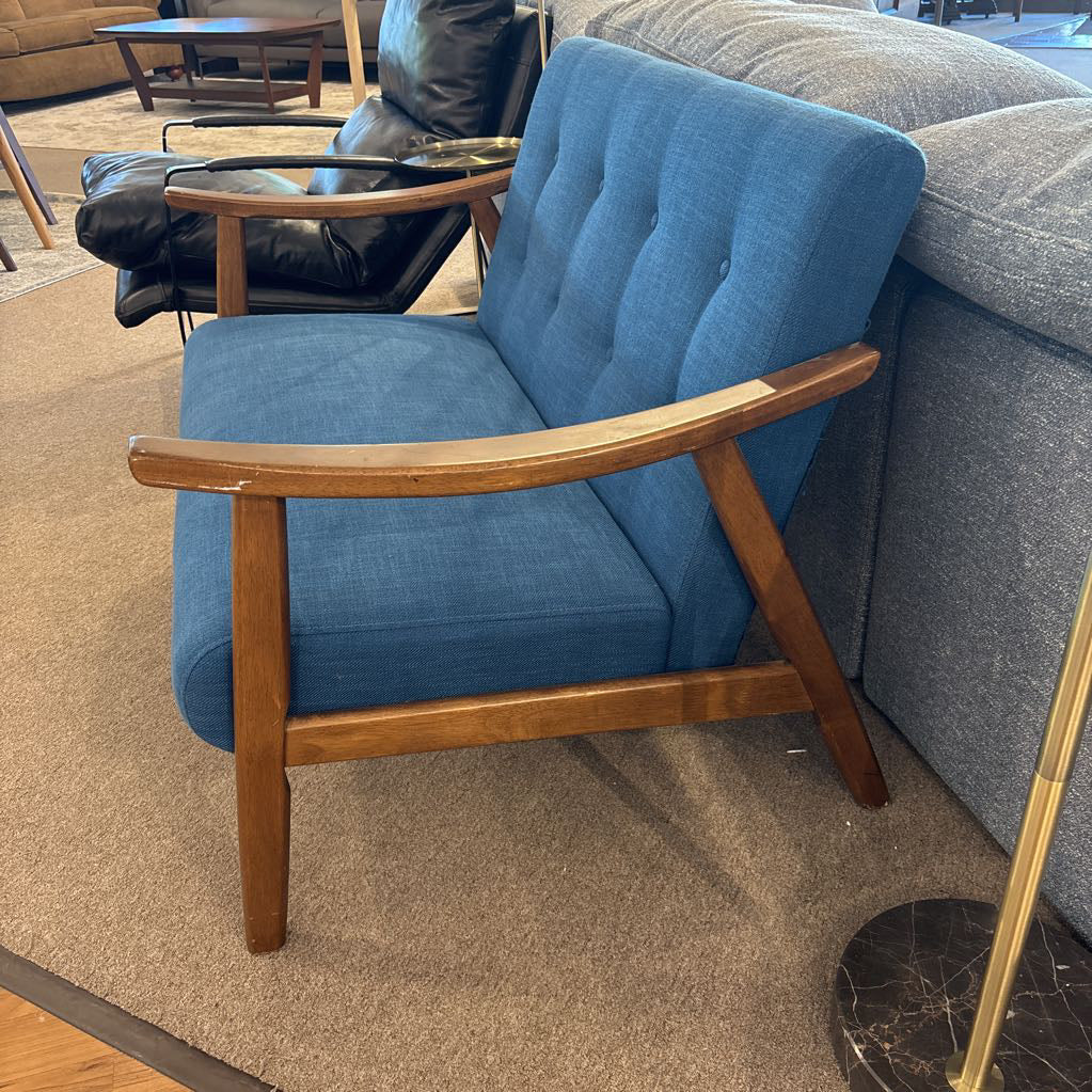 Blue Tufted Wood Frame Loveseat (AS IS)