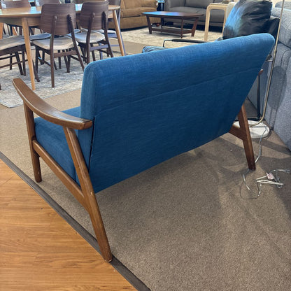 Blue Tufted Wood Frame Loveseat (AS IS)