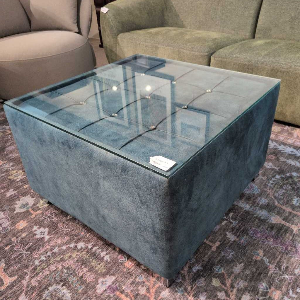 Teal Upholstered Glass Top Coffee Table