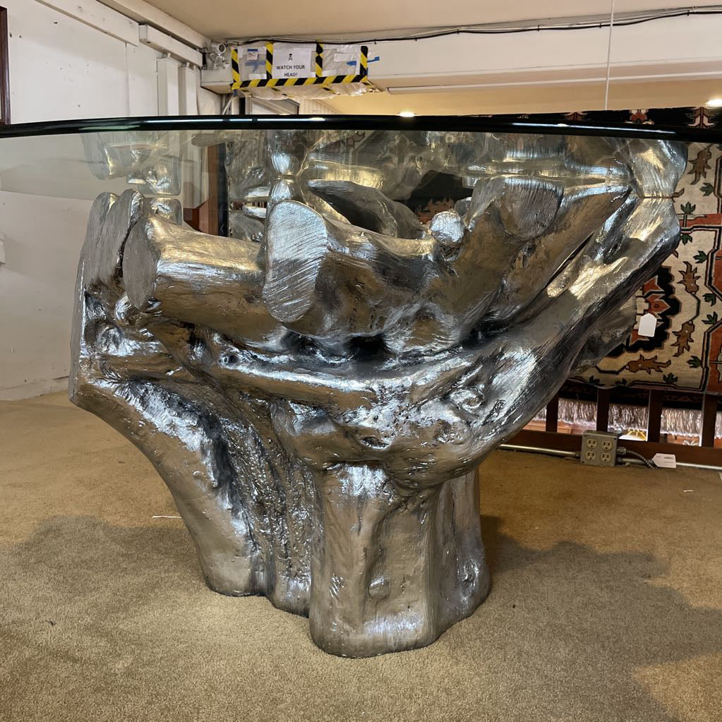 Silver Tree Trunk Glass Top Round Dining Table