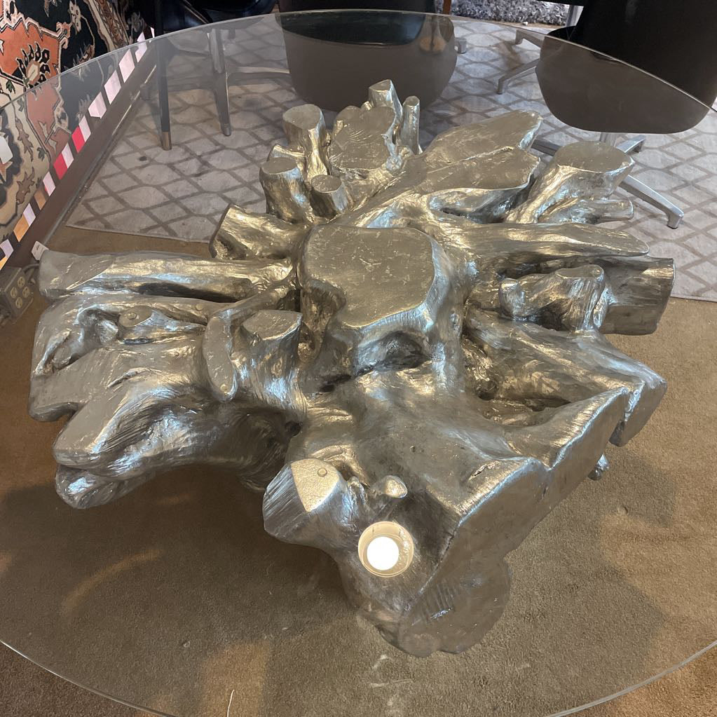 Silver Tree Trunk Glass Top Round Dining Table