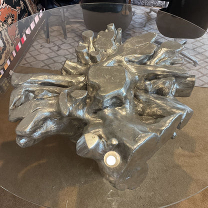 Silver Tree Trunk Glass Top Round Dining Table