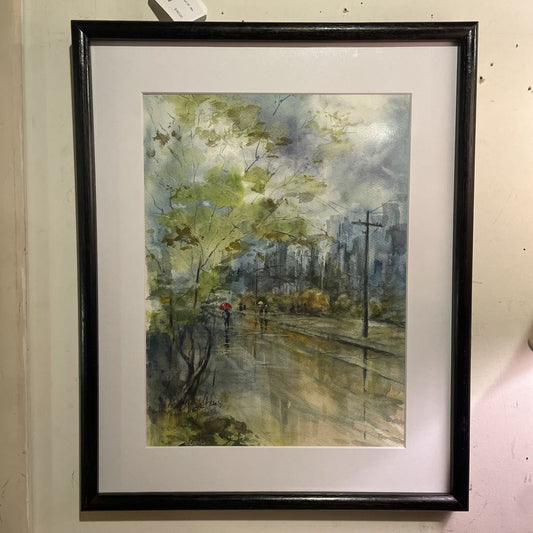 ORIGINAL MaryAnn Adams (local artist) "Balmy City Street w/ Red Umbrella" ART