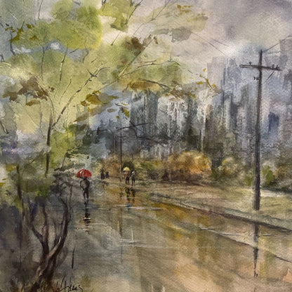 ORIGINAL MaryAnn Adams (local artist) "Balmy City Street w/ Red Umbrella"