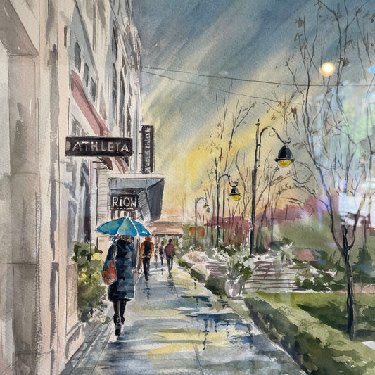 ORIGINAL MaryAnn Adams (local artist) "Town Walk w/ Blue Umbrella