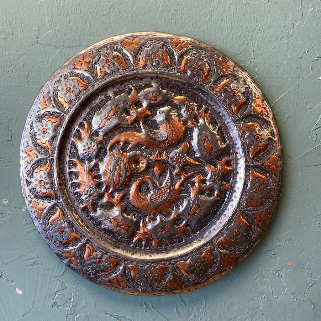Moroccan Brass & Copper Intricate Bird & Floral Motif Platter