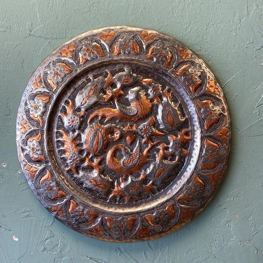 Moroccan Brass & Copper Intricate Bird & Floral Motif Platter ART