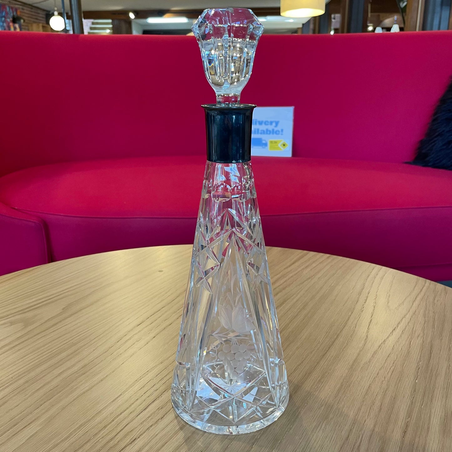Tall Etched Grapes Decanter with Metal Band Detail
