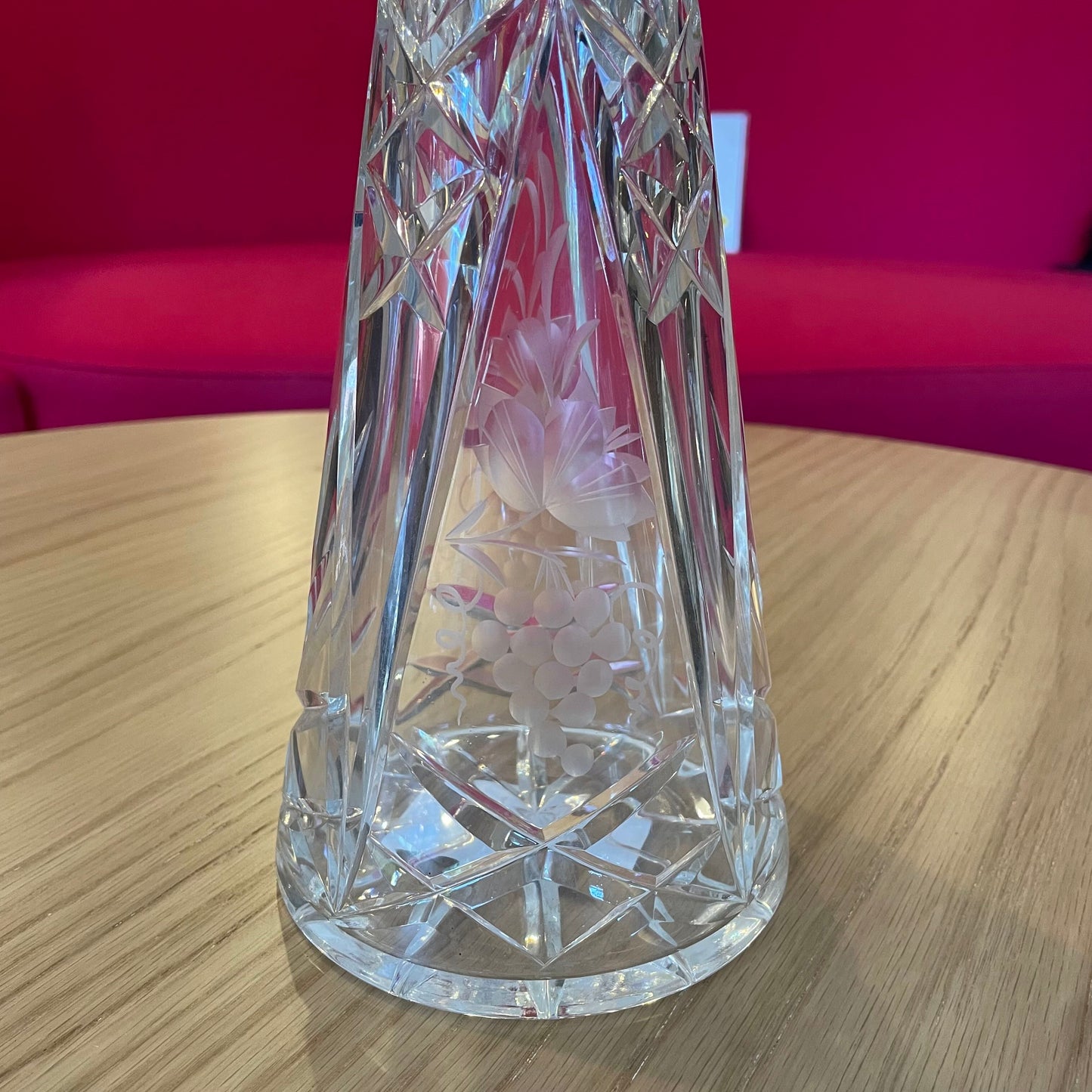 Tall Etched Grapes Decanter with Metal Band Detail