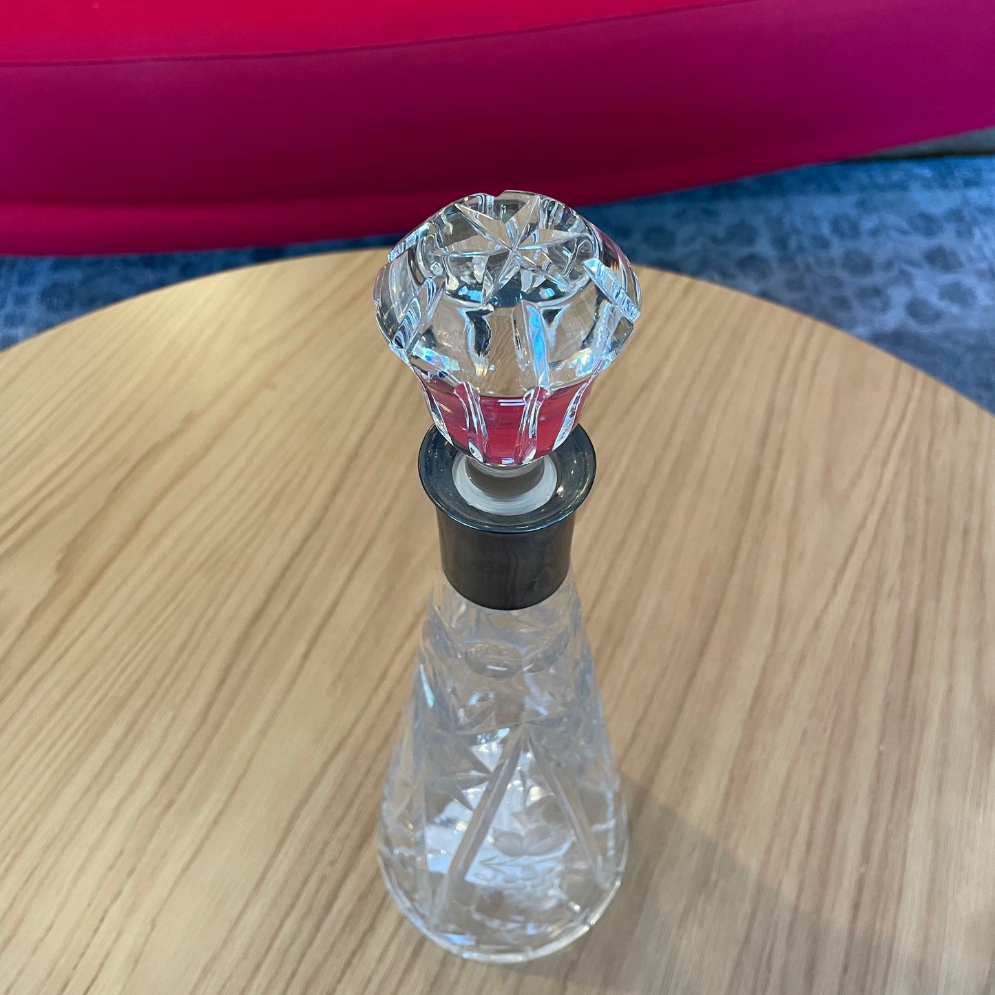 Tall Etched Grapes Decanter with Metal Band Detail