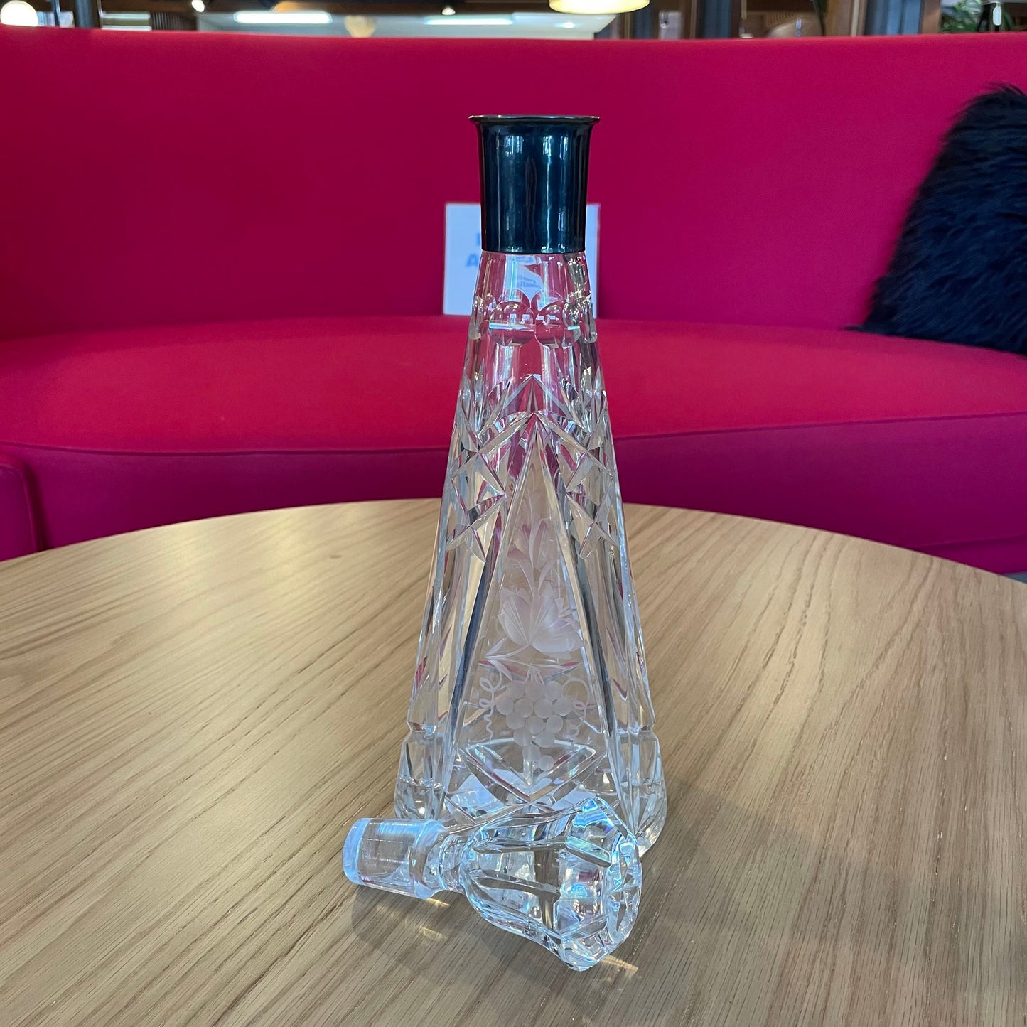 Tall Etched Grapes Decanter with Metal Band Detail