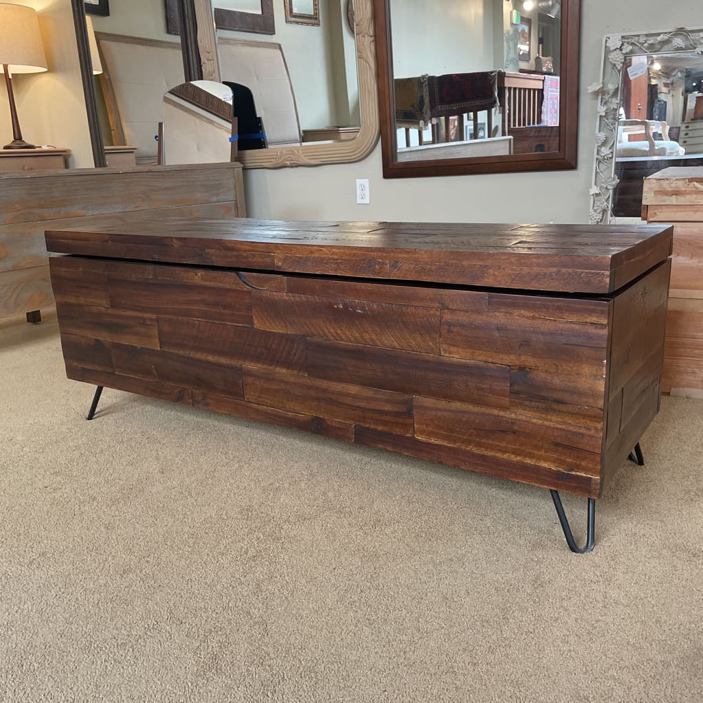 Rectangular Dark Wood Plank Chest with Lift Top