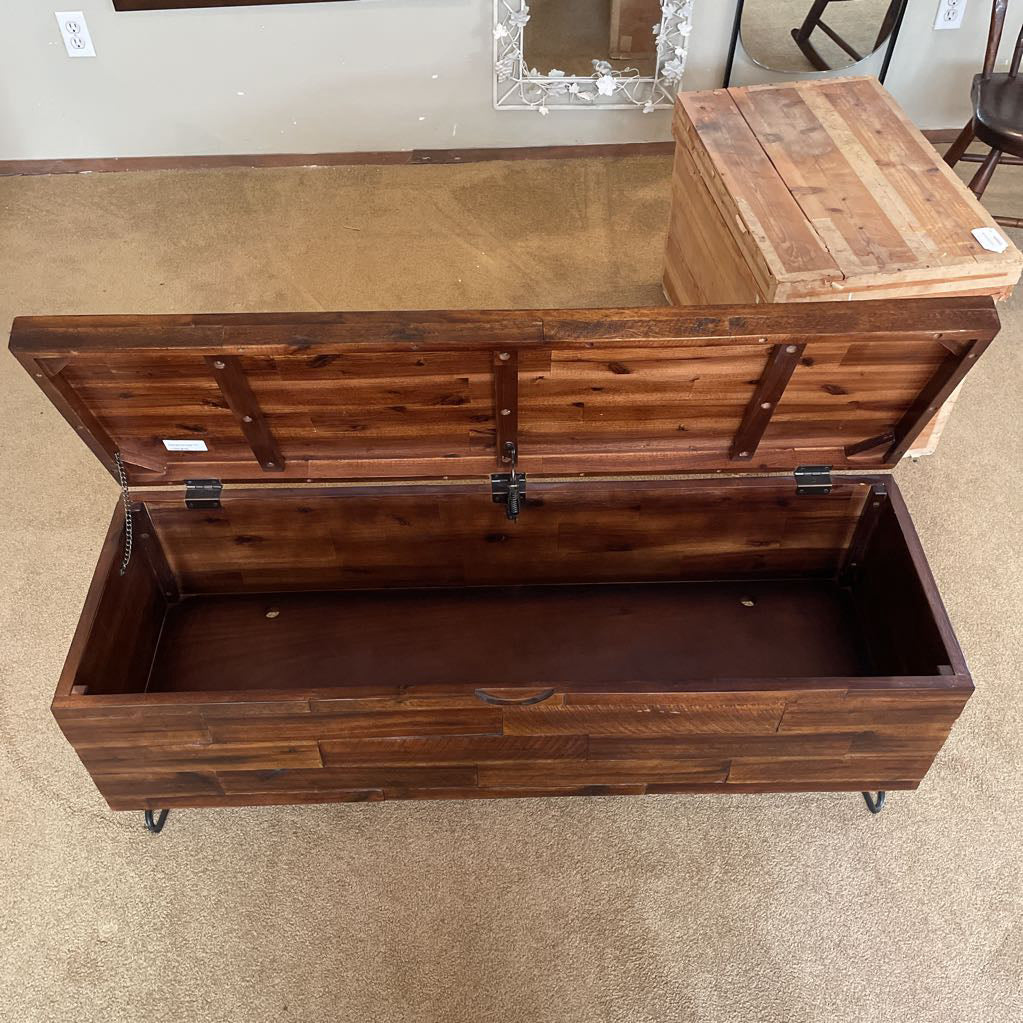 Rectangular Dark Wood Plank Chest with Lift Top