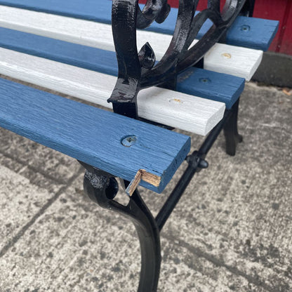 Petite Metal Bench w White & Blue Slats