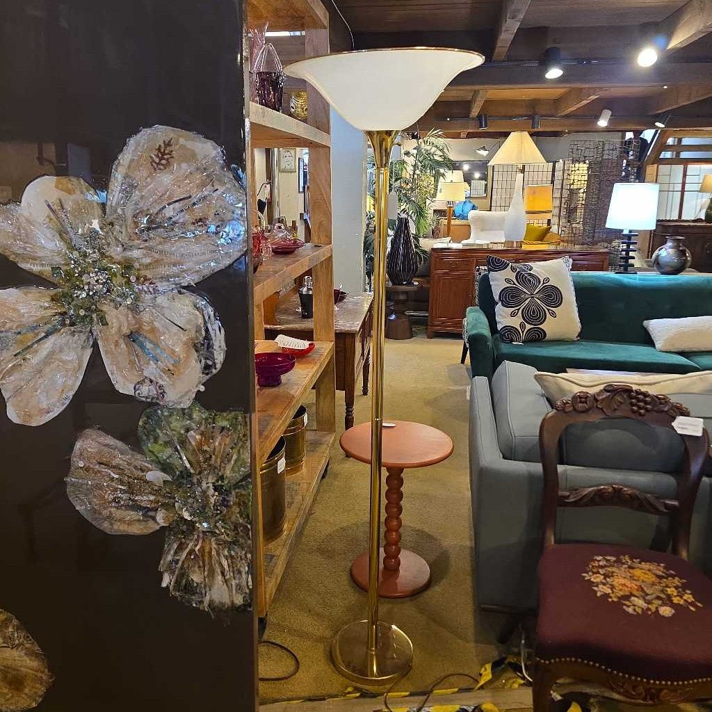 Brass Finish 80s Torch Floor Lamp w Flared White Shade