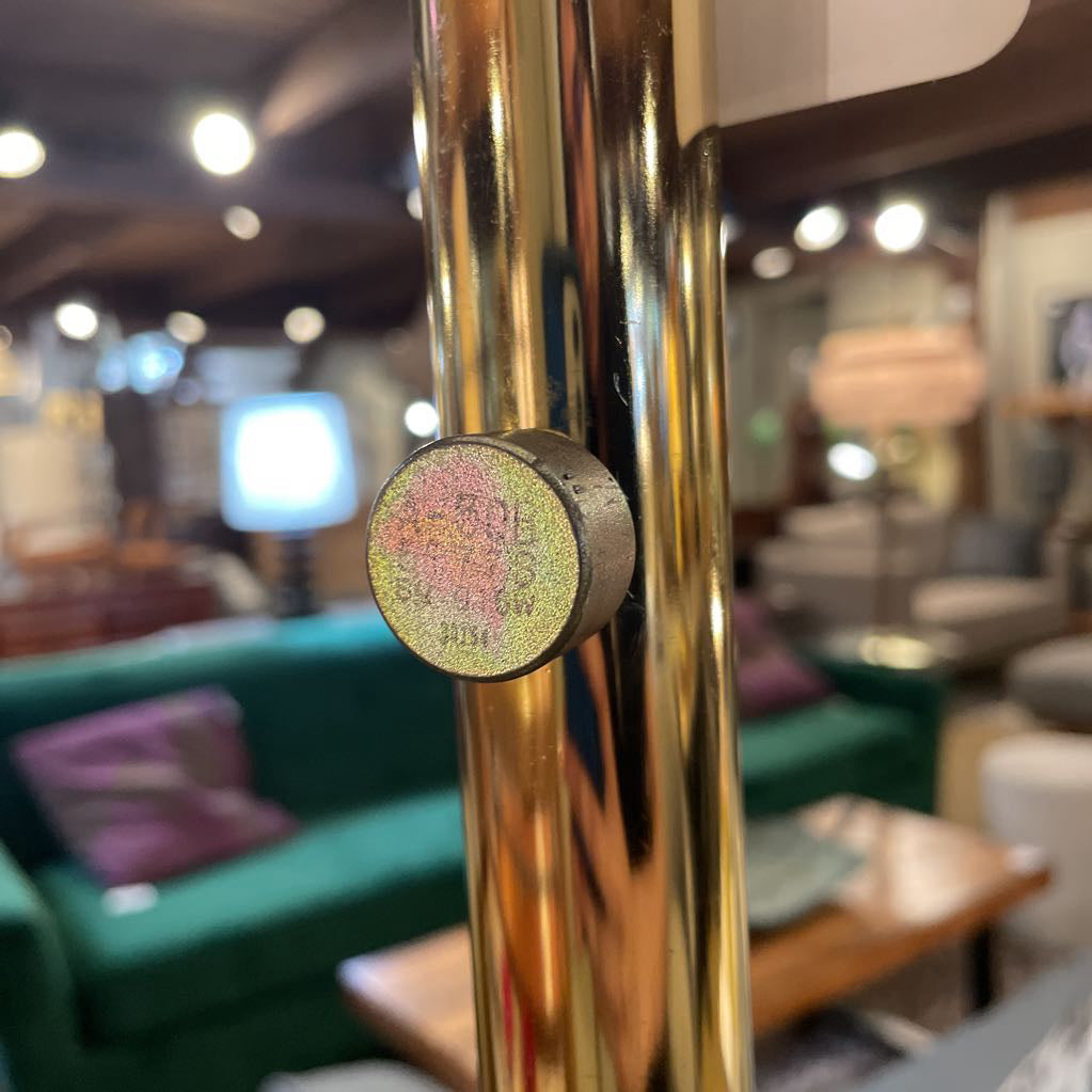 Brass Finish 80s Torch Floor Lamp w Flared White Shade