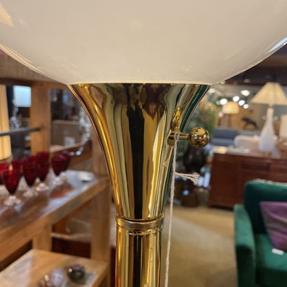 Brass Finish 80s Torch Floor Lamp w Flared White Shade
