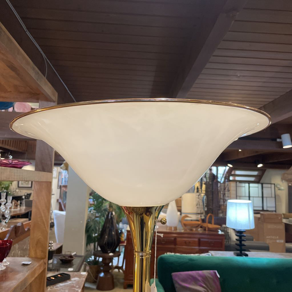 Brass Finish 80s Torch Floor Lamp w Flared White Shade