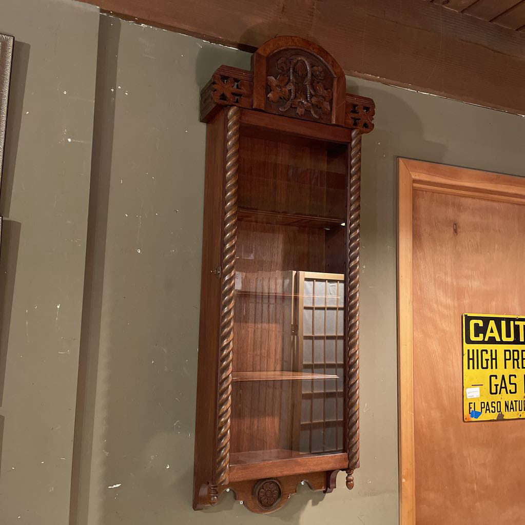 Vintage carved Wood Wall Mounted Shelf with Glass Door
