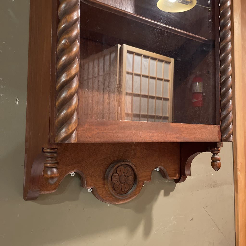 Vintage carved Wood Wall Mounted Shelf with Glass Door