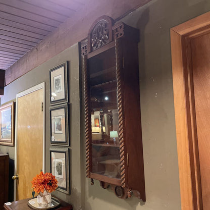 Vintage carved Wood Wall Mounted Shelf with Glass Door