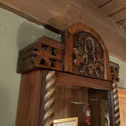 Vintage carved Wood Wall Mounted Shelf with Glass Door