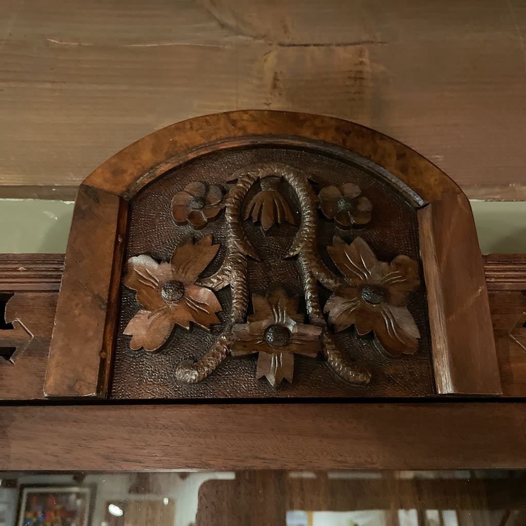 Vintage carved Wood Wall Mounted Shelf with Glass Door