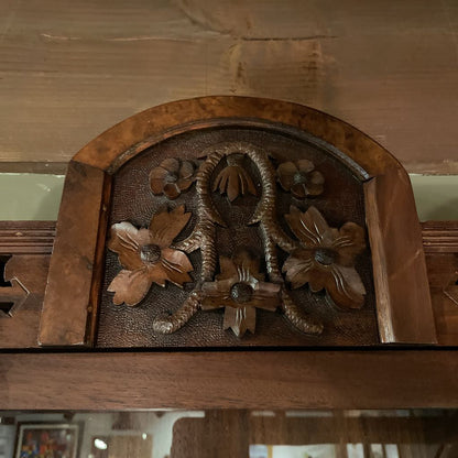 Vintage carved Wood Wall Mounted Shelf with Glass Door