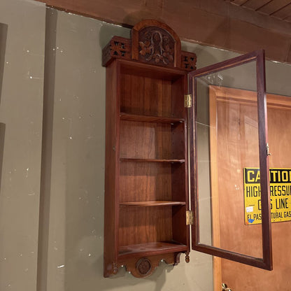 Vintage carved Wood Wall Mounted Shelf with Glass Door
